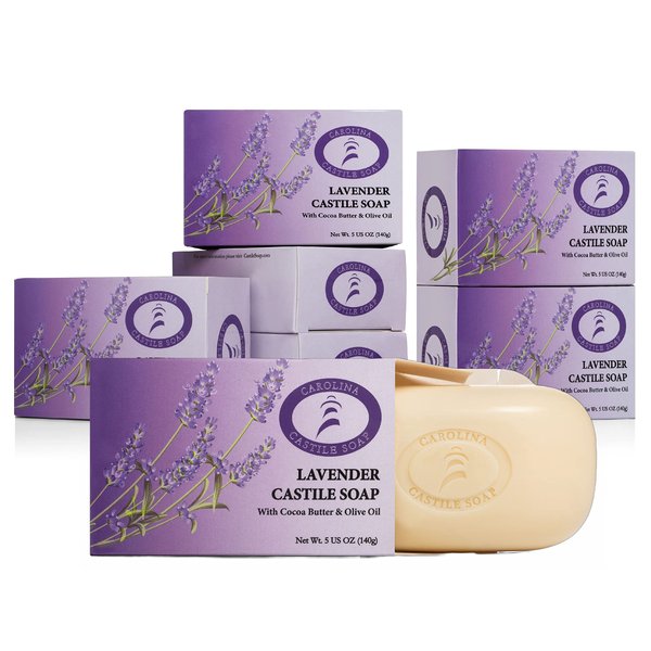 Carolina Castile Soap Vegan Lavender Castile Bar Soap – 6 Bars of Natural Soap for Men, Women, and Kids – Gentle, Hydrating Castile Soap Bars with Organic Cocoa Butter and Olive Oil, 5 Oz. Each