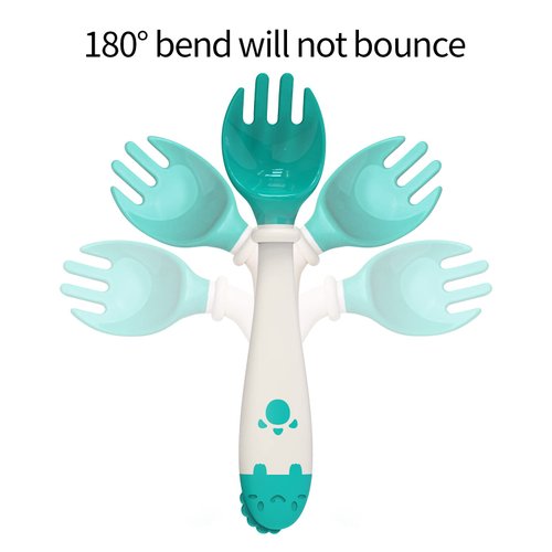 Deejoy Toddler Utensils with Travel Case, Baby Spoons and Forks Set for Self Feeding, Silicone Bendable Handle, Easy Grip Heat-Resistant, Self-feeding Flatware Sets for Kids (Stage 2) Green