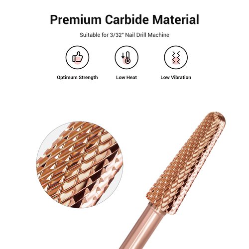 MelodySusie Cone Shape Nail Drill Bits, 3/32'' Carbide Tungsten Bits, Suitable for Manicure Pedicure Cuticle Gel Polishing, Beginners Bits, Rose Gold, Series Bit-S, Fine