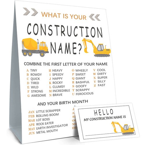 What is your Construction Name game - Construction Birthday Party Game, Boy Birthday Supplies, Activity, Decorations(1Construction Theme Sign and 30 Name Tag Stickers)