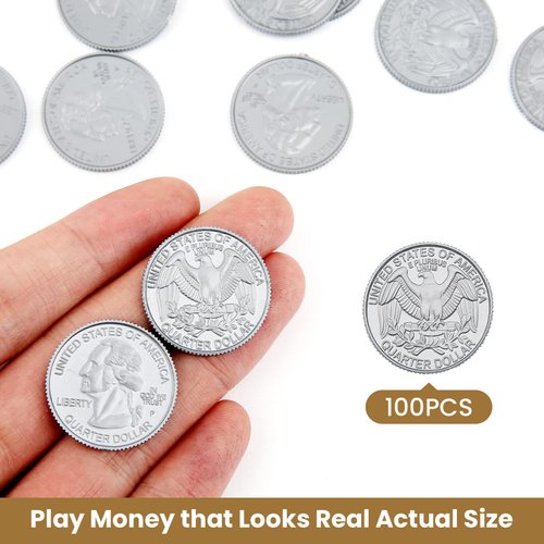 YTYOTO 100 Pcs Fake Coins for Kids Learning, 100 Quarters Plastic Play Coins for Teaching for Kids Pretend Play Store Or Cash Register