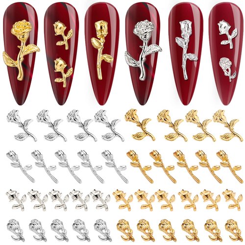 Noverlife 120PCS 3D Rose Nail Art Charms, Flowers Rose Buds/Blooming Nail Art Accessories Decoration, DIY Design Nail Art Decals Metallic Gold Alloy Mini Romantic Flowers for Girls Women