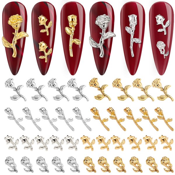 Noverlife 120PCS 3D Rose Nail Art Charms, Flowers Rose Buds/Blooming Nail Art Accessories Decoration, DIY Design Nail Art Decals Metallic Gold Alloy Mini Romantic Flowers for Girls Women