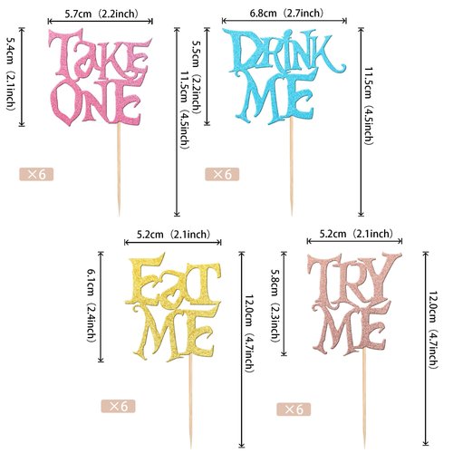 24 PCS Eat Me Cupcake Toppers Mixed Colors Glitter Try Me Take One Cupcake Picks Magic Alice Tea Party Theme Cake Decorations for Baby Shower Kids Boys Girls Birthday Party Decorations Supplies
