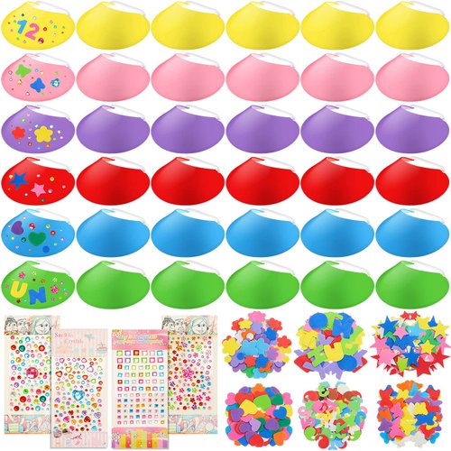 Hicarer 36 Pcs DIY Foam Visor with Foam Stickers and Rhinestone Stickers Kids Visor Sun Visor Hat for Outdoor Activities Crafts Project Class Field and Camping Trips, Carnival Prize, 6 Colors
