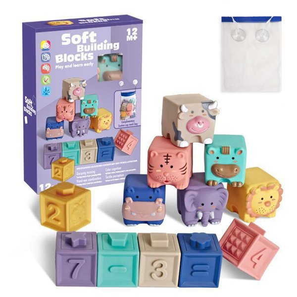 KALASU Baby Building Blocks 12Pcs Soft Building Blocks Toy Set, Silicone Bath Toys Chewable, Educational Squeeze Play Toys for Babies Over Six Months Old