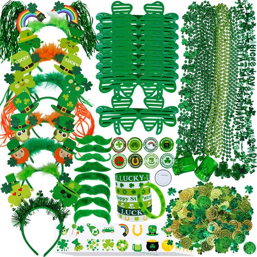 Winlyn Bulk St. Patrick's Day Novelty Jewelry Assortment St. Pat's Party Favors Supplies Shamrock Necklace Coins Head Bopper Bracelet Tattoo Mustaches Accessories for St. Patty's Day Irish Party Decor