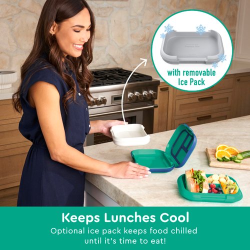 Bentgo Kids Chill Leak-Proof Lunch Box - Included Reusable Ice Pack Keeps Food Cold; 4-Compartment Bento Lunch Container; Microwave/Dishwasher Safe; 2 Year Manufacturer's Warranty (Green/Navy)