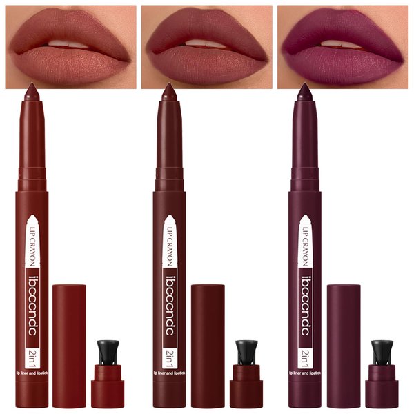 Erinde 3PCS Matte Lipstick Lip Liner Crayon Pencil Makeup Set, Precision Tip Matte Lip Crayon with Built-in Sharpener, Long Lasting Waterproof Plumping Lipstick, Warm Brown Purple, 10#11#12#