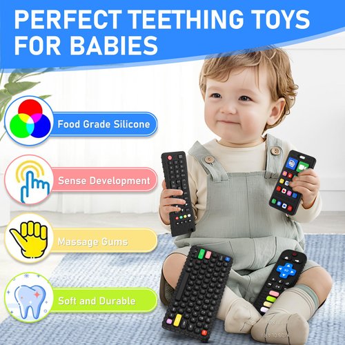 Avkast Teething Toys for Baby 3 6 12 18 Months, TV Remote Control Keyboard Baby Teether Toys, Baby Chew Toys, Food Grade Silicone Teething Toys for Infants, BPA Free, for Baby Gum Relief
