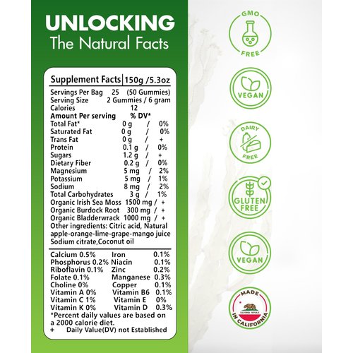 BIO VITALICA Sea Moss Gummies - Irish sea Moss raw Organic, Bladderwrack, Burdock Root. Contains Sea Moss Gel and Powder. Superfoods for Vegan, Keto and Dr Sebi Diet. Immune Boosting (1, Original)