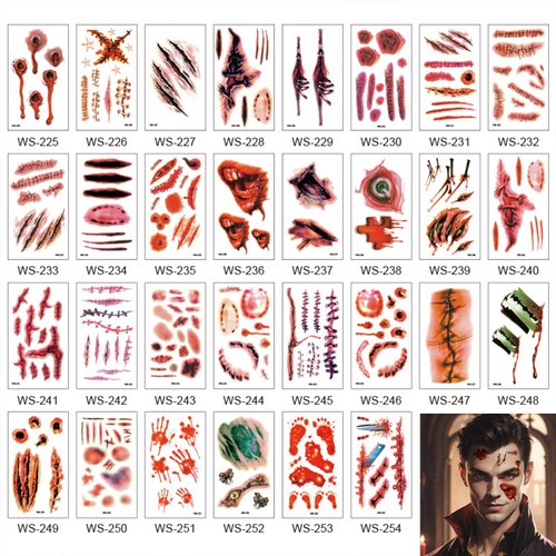 Generic Halloween Scar Tattoos 30 Sheets Temporary Tattoos Waterproof Zombie Makeup Fake Bloody Wound Stitch Scar Party Tattoos Sticker