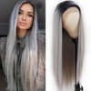 Lezaxiu Gray Lace Front Wig Long Straight Hair Wigs Ombre Grey Wig Heat Resistant Fiber Hair Synthetic Lace Front Wigs for Fashion Women 24 Inch