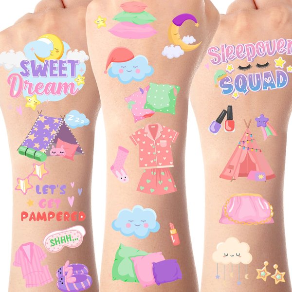 Serencatcher 12 Sheets Pajama Temporary Tattoos, Sleepover Party Favors Pink Purples Include Makeup Pillow Pajama Slumber Squad Tattoos Stickers for Girls Pajama Birthday Party Decorations