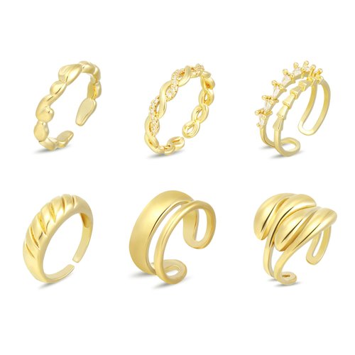 wgoud 6PCS Dome Chunky Gold Rings for Women, 14K Gold Plated Braided Twisted Stackable Signet Rings, Adjustable Open Ring Band Statement Jewelry Gift (6Pcs Gold Ring)