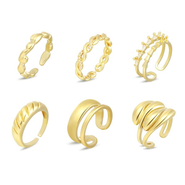wgoud 6PCS Dome Chunky Gold Rings for Women, 14K Gold Plated Braided Twisted Stackable Signet Rings, Adjustable Open Ring Band Statement Jewelry Gift (6Pcs Gold Ring)