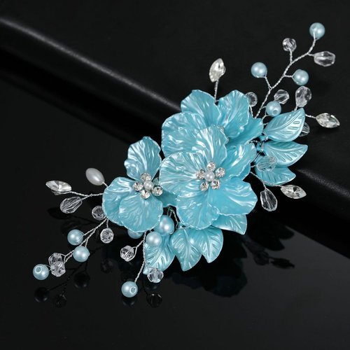 VMila Wedding Pearl Hair Comb Wedding Hair Comb Bridal Hair Accessories Pearl Flower Hair Accessories For Women Girls Wedding Hair Accessories (Silver Vine Blue Flower)
