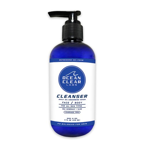 Ocean Clear Labs Daily Cleanser for Men and Women, Oil-Free, Gel to Foam, Natural Face and Body Wash, For Oily & Sensitive Skin, Gentle and Natural, Aloe, Sea Minerals, pH Balanced, Unscented (8oz)