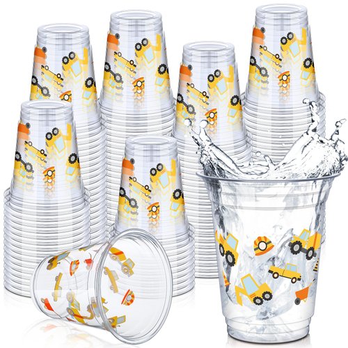 Uiifan 50 Pcs Construction Birthday Party Supplies Construction Cups Construction Party Decoration 12 oz Disposable Plastic Dump Truck Cups Construction Party Plates for Holiday Party Favors(Stylish)