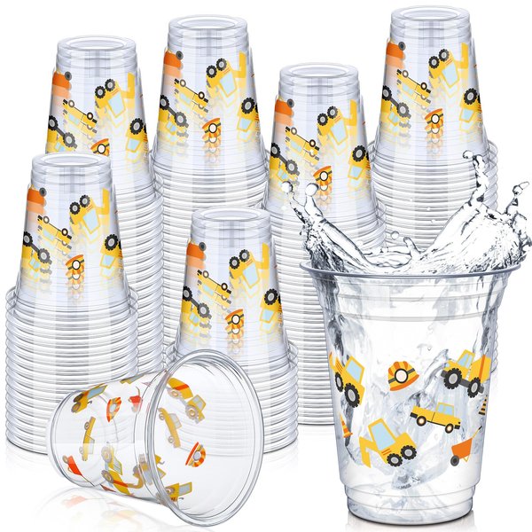Uiifan 50 Pcs Construction Birthday Party Supplies Construction Cups Construction Party Decoration 12 oz Disposable Plastic Dump Truck Cups Construction Party Plates for Holiday Party Favors(Stylish)