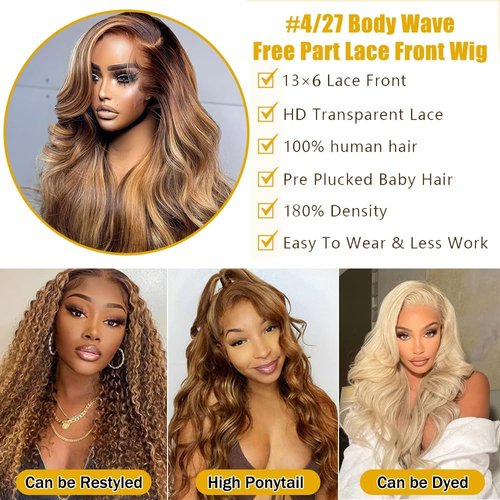 26 Inch Honey Blonde Lace Front Wig Human Hair Pre Plucked 13x6 HD Transparent 4/27 Highlight Ombre Body Wave Lace Front Wigs Human Hair 180% Density Glueless Colored Wigs for Women Natural Hairline