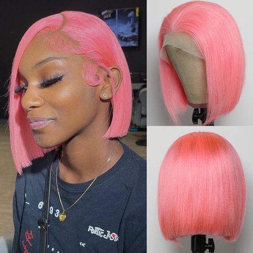 Short Straight Pink Color Lace Bob Wigs 13x4 Transparent Lace Frontal Human Hair Wigs 180% Density Silky Straight Lace Bob Wig 100% Brazilian Virgin Human Hair Pink Color Glueless Bob Wig - 10 Inch