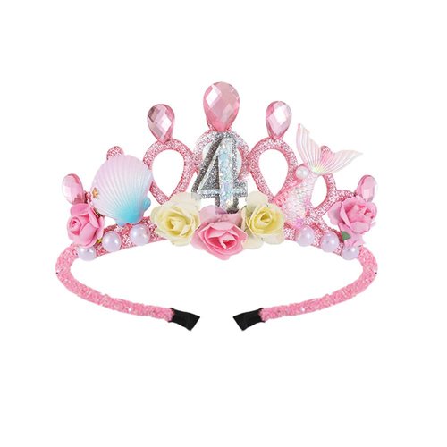 4th Birthday Crown for Girls, 4th Birthday Headband for Girls, 4th Birthday Tiara for Girls 4th Birthday Decoration for Girls Happy Birthday Tiara Crown with Mermaid for Girls 4 Year Old Disposable