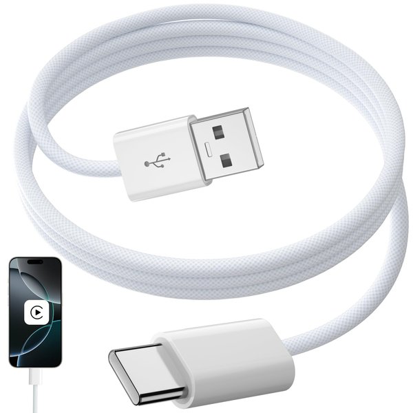 APAPATEK USB-C Woven Carplay Cable for iPhone 15 Pro 16 Pro, USB-A to USB-C Cable Car Play Wire Data Transfer Car Audio Car Phone Cord Android-Auto Carplay Cable for Galaxy S24 S23 S22 S21 3.3ft White