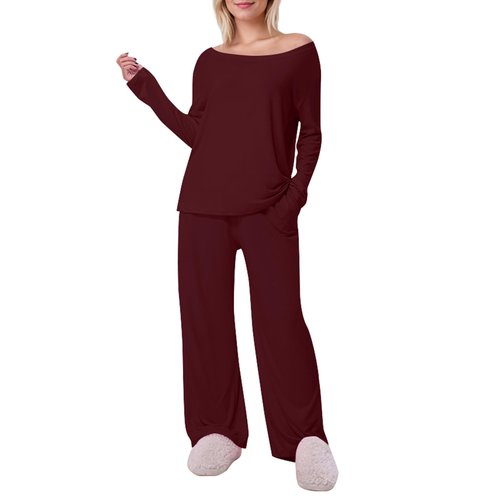 Cnlinkco Womens Lounge Set Cozy Long Sleeve Pajama Set Off Shoulder Casual 2 Piece Sets