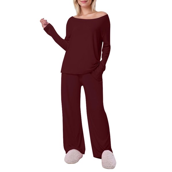 Cnlinkco Womens Lounge Set Cozy Long Sleeve Pajama Set Off Shoulder Casual 2 Piece Sets