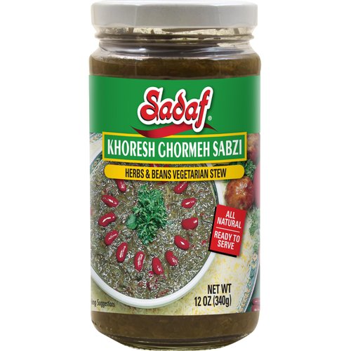 Sadaf Khoresh Ghormeh Sabzi - Ready to Eat Khoresh Sabzi with Spices, Herbs and Beans - Persian Food in a Jar - Iranian food Qormeh sabzi mix - Herb & Bean Stew in Jar- 12 oz.