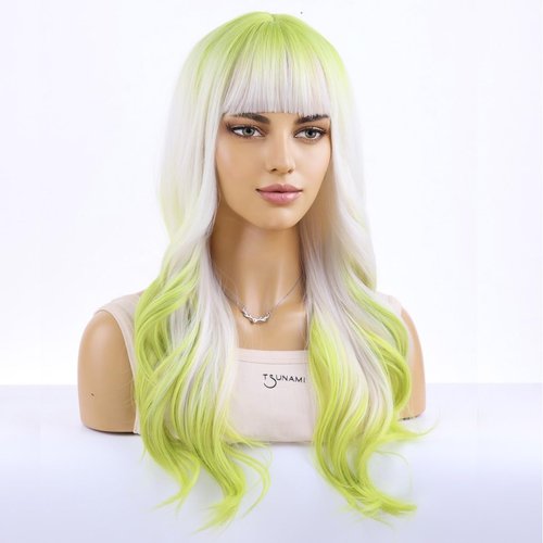 MAGQOO Green Wig for Women Girls Matcha Green Blonde Ombre Wig Long Wavy Green Ombre Blonde Wig with Bangs Synthetic Heat Resistant Halloween Cosplay Costume