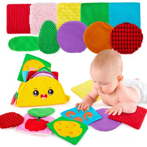 Baby Tummy Time Crinkle Toy,Sensory Mini Mats Assorted Textured Sensory Floor Toy Baby Tissue Box with 2 teether Toys for Toddler 0 6 12 Month Gifts-10 Pack