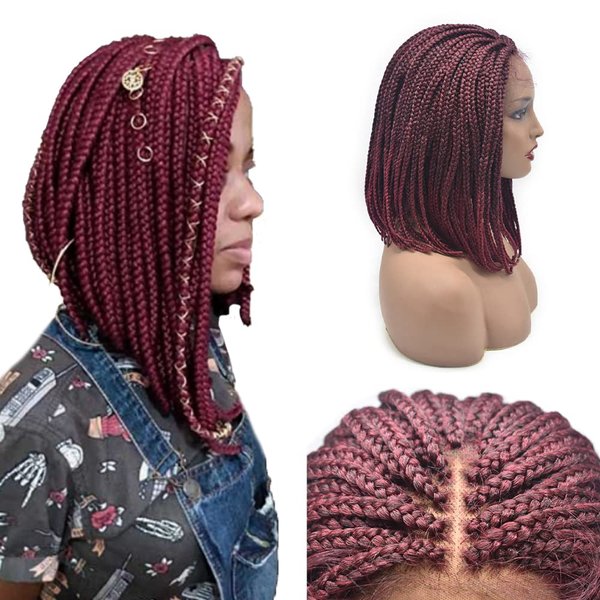 16" Short Box Braided Bob Wigs For Black Women 3"x3.8" Swiss Lace Front With Baby Hair Synthetic Lace Frontal Lightweight Kanekalon Japanese Fiber Shoulder Length Hair Glueless Braiding Wig (#T1B/BUG Black Mix Red)