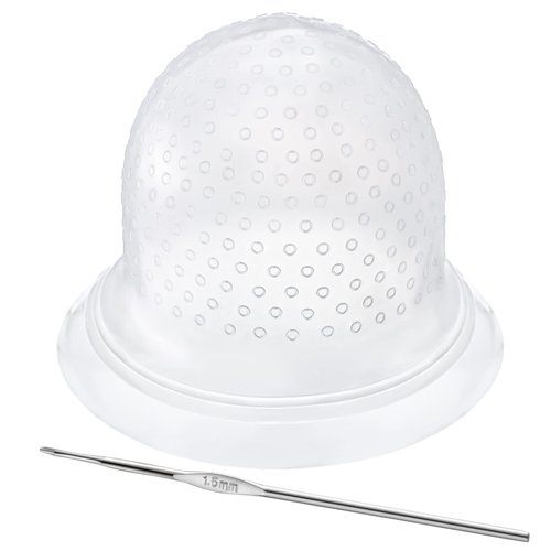 FRIUSATE Hair Coloring Highlighting Cap, 2 Pieces Silicone Highlight Cap Pull Through Caps Hair Coloring Frosting Cap with Hook, Hair Highlighting Kit Gloves and Brush for Salon Tools Women Men
