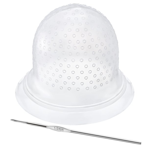 FRIUSATE Hair Coloring Highlighting Cap, 2 Pieces Silicone Highlight Cap Pull Through Caps Hair Coloring Frosting Cap with Hook, Hair Highlighting Kit Gloves and Brush for Salon Tools Women Men