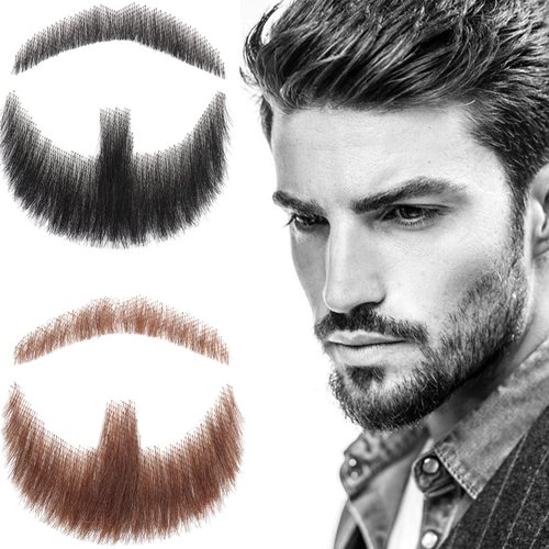 Fake Beard 5 inch Human Hair Full Hand Tied Realistic Fake Mustache Brown Human Hair Jack Sparrow Fake Goatee Costume Beard Fake Facial Hair Lace Beard for Men Halloween Funny Cosplay Costume
