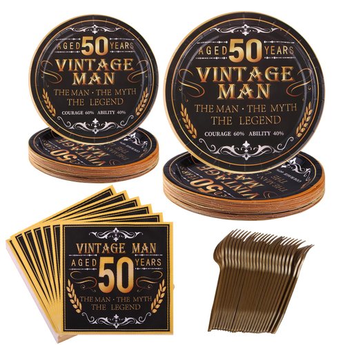VIJIV 96Pcs 50th Birthday Decorations Men Party Plates and Napkins Tableware Set Party Supplies, Black and Gold Paper Dessert Plates Cheers 50th Wedding Anniversary Decorations