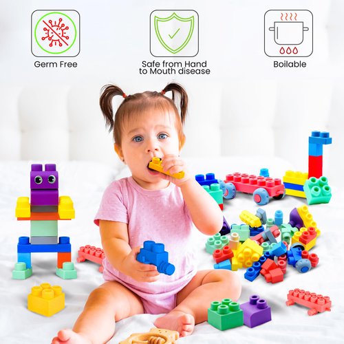TOP Grade 50 PC Colorful Creative Building Blocks for Toddlers 1-3 -Kids Preschool Toys with Toy Storage Box-Soft Plastic Block Learning Toys-STEM Blocks for Babies-Prime Toddler Toys for Boys Girls