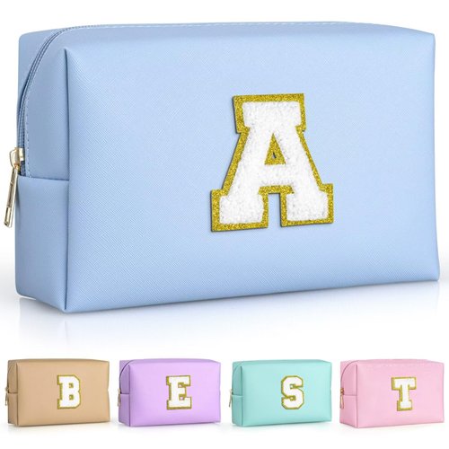 TOPEAST Christmas Gifts Stocking Stuffers for Women, Personalized Initial Makeup Pouch Leather Waterproof Cosmetic Bag Christmas Birthday Gifts for Women (Sky Blue A)