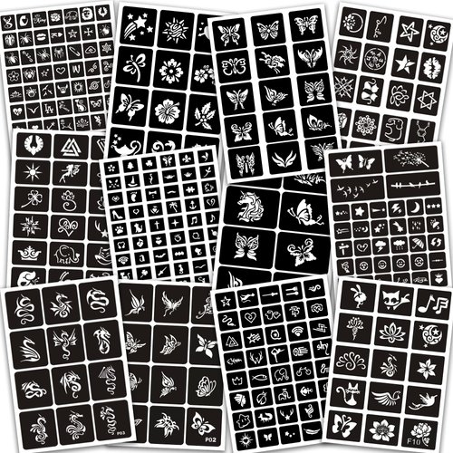 12 Sheets Henna Tattoo Stencils Kit Reusable for Women Girls and Kids, 310+ PCS Tattoo Stencil,Temporary Indian Arabian Glitter Airbrush Tattoo Stencils for Face Body Paint DIY