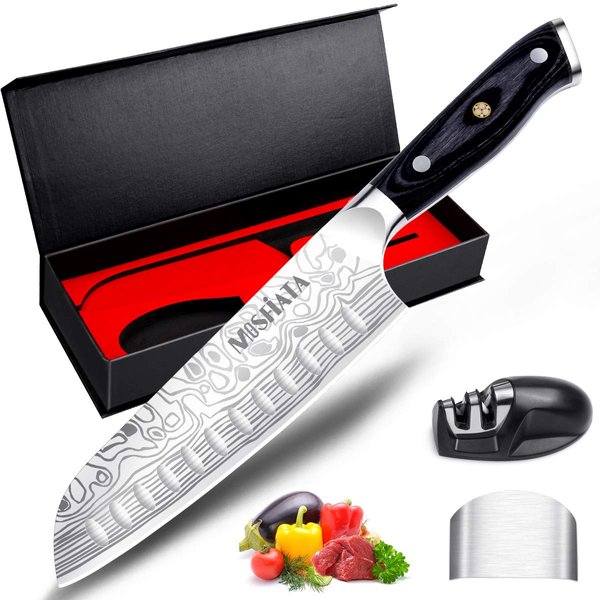 MOSFiATA 7" Santoku Knife with Finger Guard and Knife Sharpener, German High Carbon Stainless Steel EN.4116 Kitchen Chopping Knife with Micarta Handle and Gift Box