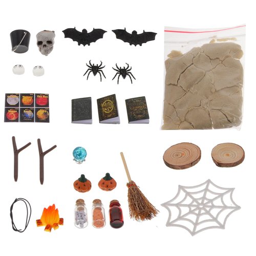 LUOZZY Halloween Theme Dollhouse Accessories Miniature Witch Bat Spider Skull Pumpkin for Micro Landscaping Ornament