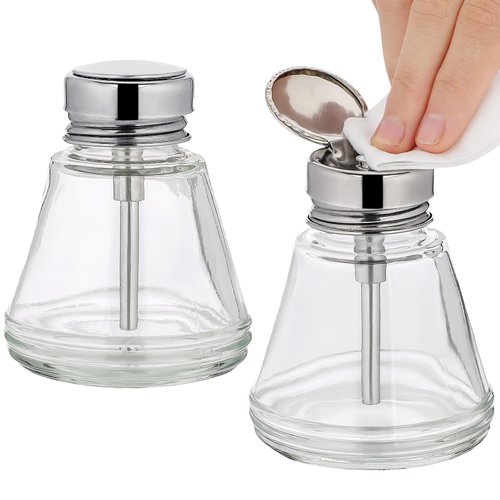 Lallisa 2 Pcs 6 Oz/ 180 ml Pump Dispenser Bottle Empty Push Down Glass Dispenser Bottle with Flip Metal Cap Makeup Remover Dispenser Bottle Alcohol Pump Sanitizer Container for Nail Polish