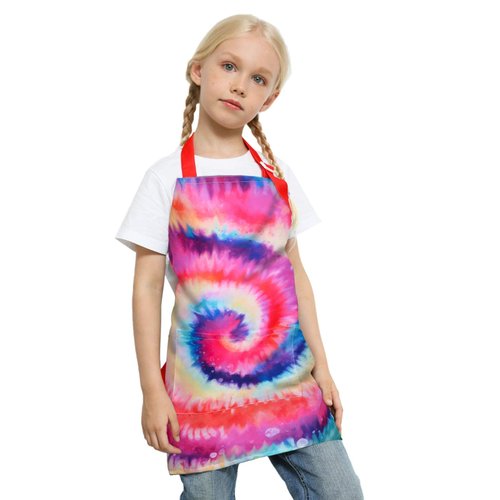 Fiodrimy Kids Apron, Kids Art Apron Girls Boys Painting Apron with Pockets Adjustable for Cooking Baking Gardening School Kitchen Tie Dye