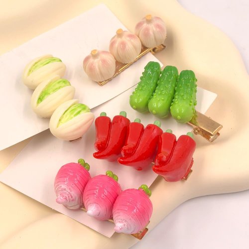 5 Pairs Funny Simulated Vegetable Shape Hair Clips Red Pepper, Garlic, Carrot, Pistachio, Cucumber Women Girls Hair Accessories, 2 inch