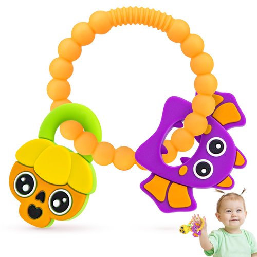 NPET Halloween Baby Teething Toy for 3-12 Months, Halloween Cute Skull & Bat Themed Infant Teething Toy, Baby Theether Toy Holiday, Halloween Baby Teethers Toy Soft Silicone Baby Girl Boy