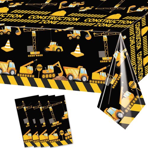 LetDec 4 Pieces Construction Table Cloth 54 x 108 Inch Dump Truck Table Covers for Construction Theme Boys Baby Shower 1st 2nd 3rd 4th Birthday Party Supplies Table Decorations Favors