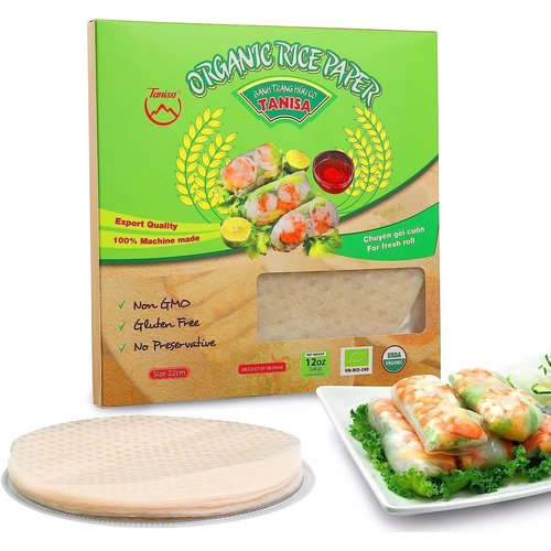 Tanisa Organic Spring Roll Rice Paper Wrapper for Fresh roll (22cm, Round, 12 oz), NON GMO, GLUTEN FREE, Made In Vietnam, Banh Trang Goi Cuon