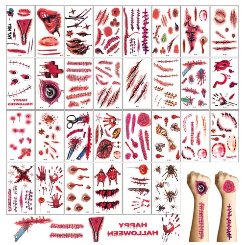 30 Sheets Fake Scars Temporary Tattoos, Horror Realistic Wound Stitch Face Body Makeup Zombie Sticker, Cosplay Masquerade Prank Scary Halloween Party for Kid Women Men Boys Girls